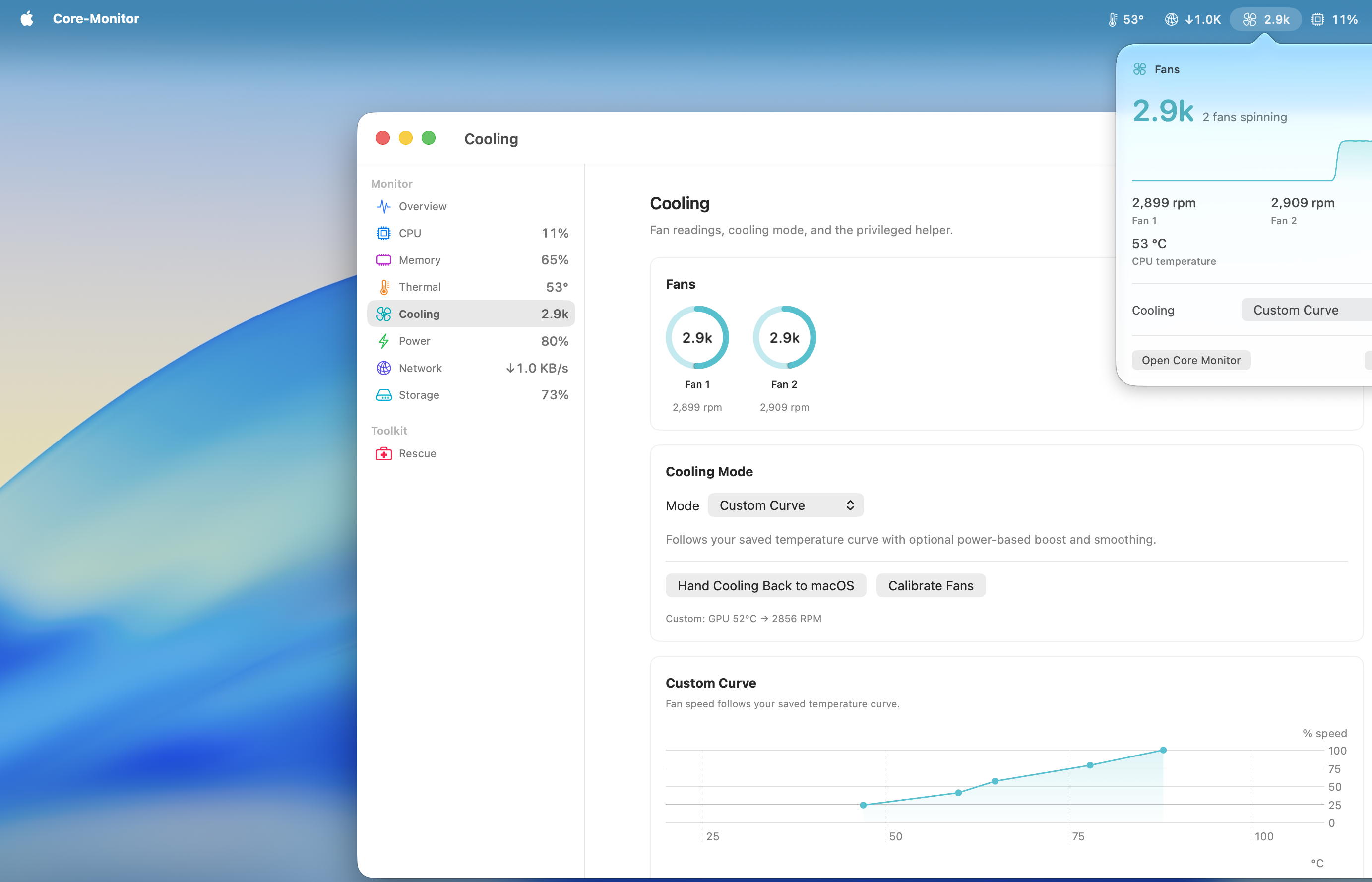 Cooling screen with fan speeds, cooling mode and a custom fan curve editor.