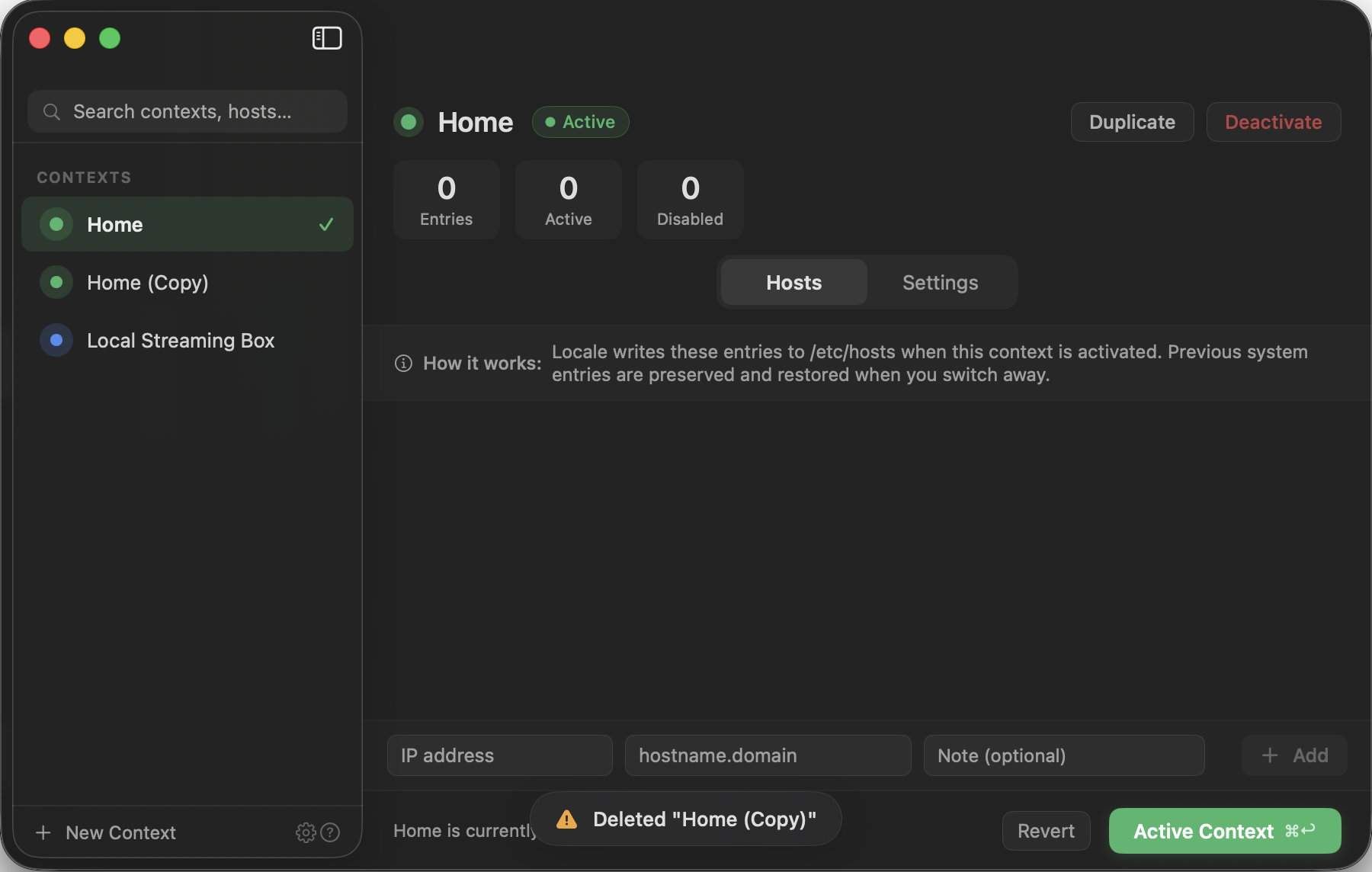 Locale main window showing the Home context active with hosts controls and status feedback