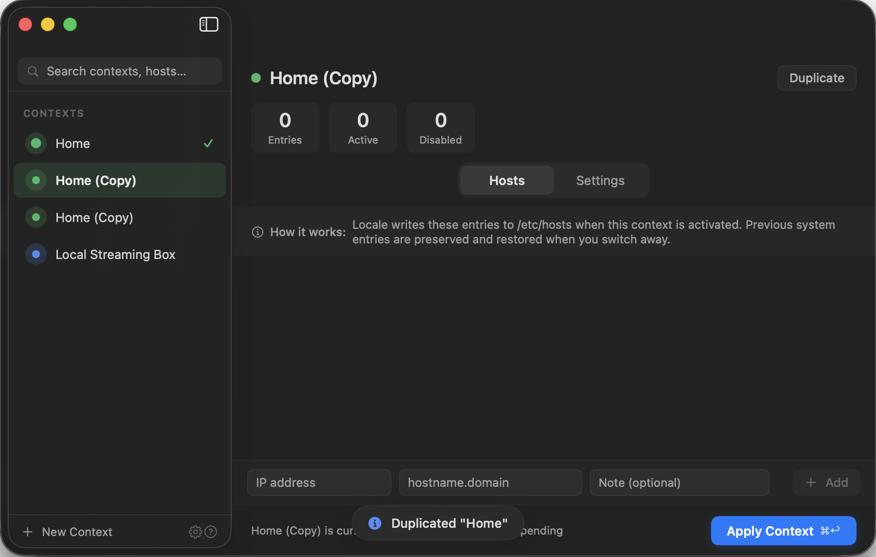 Locale app main window showing a duplicated context, hosts controls, and status feedback