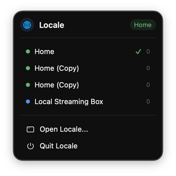 Locale menu bar popover listing contexts and quick actions