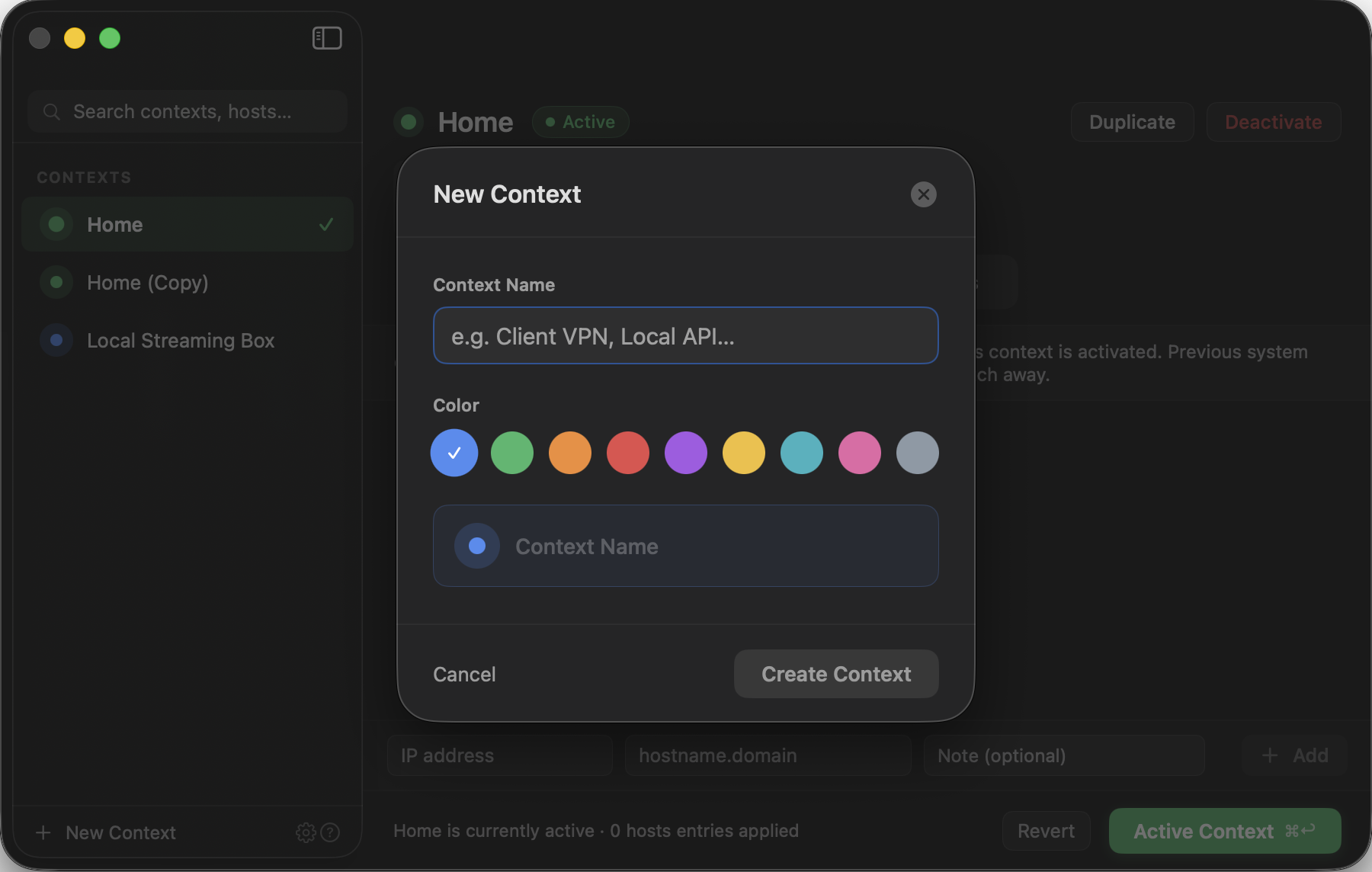 Locale new context dialog with name field, color choices, and preview
